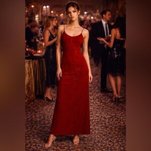 Vintage 90s Red Slip Dress Floral Embroidery Strappy Midi/Maxi